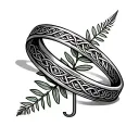 A Welsh wedding ring tattoo with the Celtic band along the top and then a New Zealand fern and the letter J on the under tattoo design idea