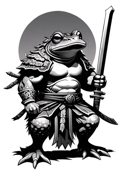 samurai warrior frog with sword posing like Zeus in attack mode tattoo design idea