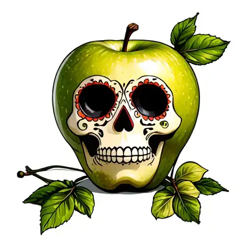 sugar skull in front of a Granny Smith apple tattoo design idea