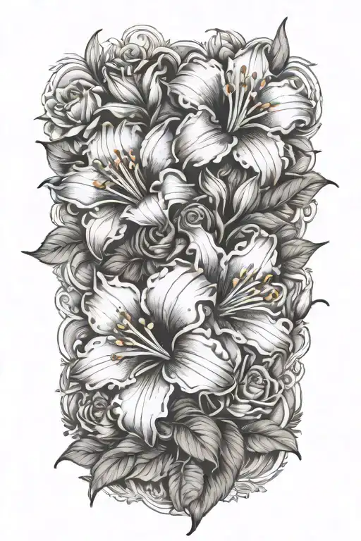Habiscus flower intertwined roses and lillies roses sunflower tattoo design idea