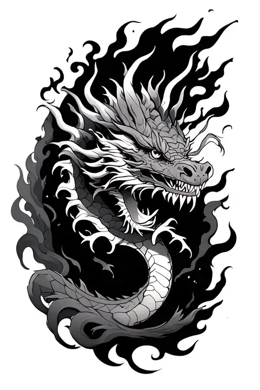 Asian Dragon with clouds and fire flames tattoo design idea