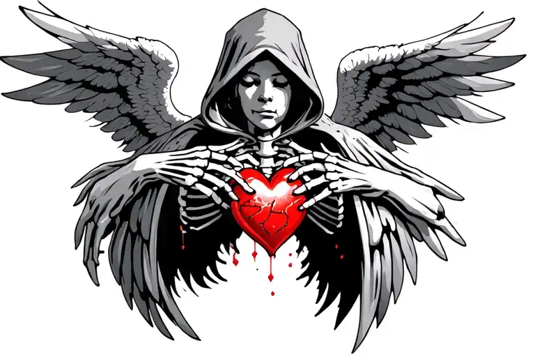an angel with wings in a gothic hood with boney hands reaching for a heart inside a rib cage trying to grab a heart  tattoo design idea