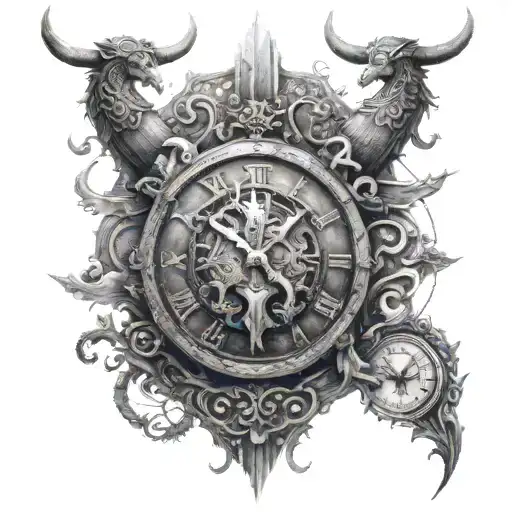 viking on the top then a clock in the middle with a viking ship on the bottom all seperate tattoo design idea