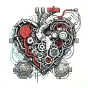Mechanical Heart, Cyberpunk, Bleeding, Blood Splatter, veins, vessels, wires, aorta valve, Dark Red, Black, Grey. tattoo design idea