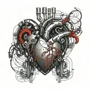 Mechanical Heart, Cyberpunk, Bleeding, Blood Splatter, veins, vessels, wires, aorta valve, Dark Red, Black, Grey. tattoo design idea
