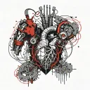 Mechanical Heart, Cyberpunk, Bleeding, Blood Splatter, veins, vessels, wires, aorta valve, Dark Red, Black, Grey. tattoo design idea