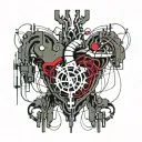 Mechanical Heart, Cyberpunk, Bleeding, Blood Splatter, veins, vessels, wires, aorta valve, Dark Red, Black, Grey. tattoo design idea
