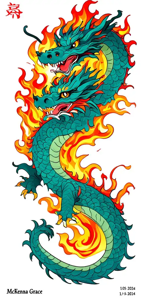 "McKenna Grace 11-05-2024" Chinese Dragon wrapped breathing fire tattoo design idea