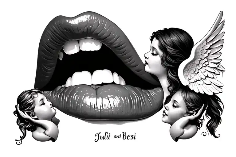 a mouth kissing lips, two angels on the side and two names juli and besi tattoo design idea