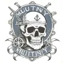 Container ship with a crane behind and a skull and anchor with the text Mutiny tattoo design idea