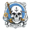 Container ship with a crane behind and a skull and anchor with the text Mutiny tattoo design idea