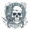 Container ship with a crane behind and a skull and anchor with the text Mutiny tattoo design idea