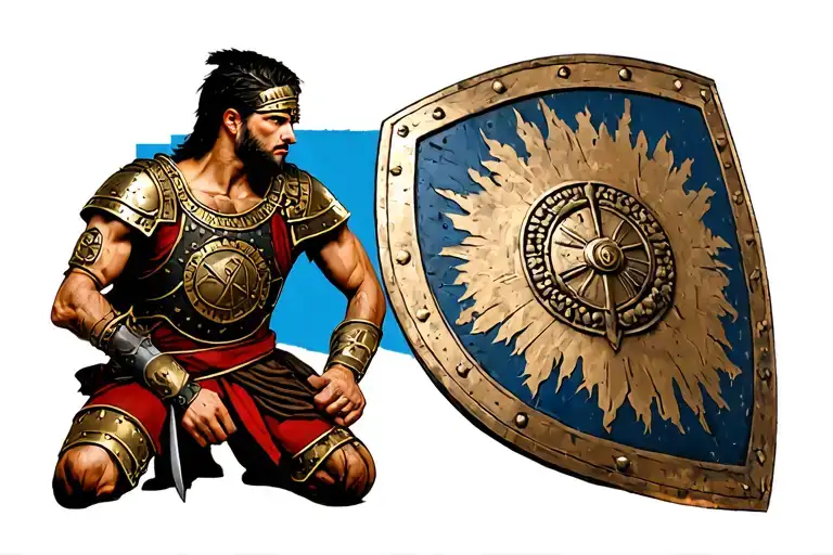 Trojan soldier kneeling with shield staring into the distance tattoo design idea