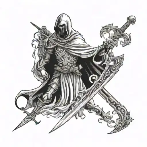 knight with sword and grim reaper in cloak inverted of each other tattoo design idea