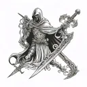 knight with sword and grim reaper in cloak inverted of each other tattoo design idea
