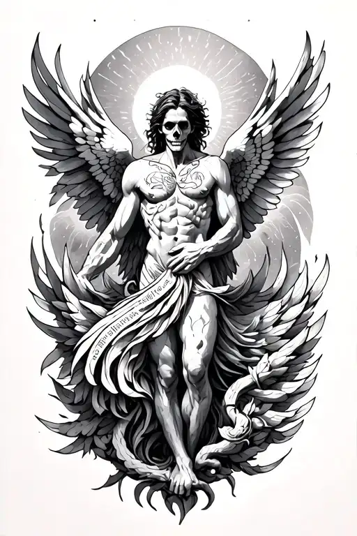Icarus concept tatto with words like (growth,power,perception,memento mori etc ...) for leg  tattoo design idea