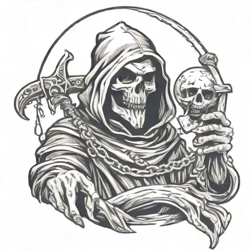 grim reaper holding clown's head tattoo design idea