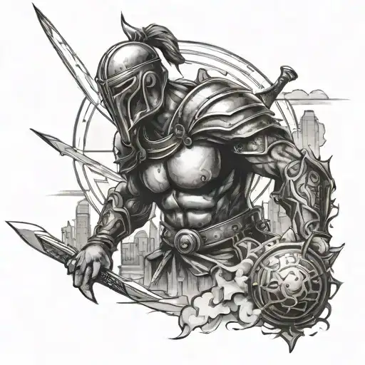 A tattoo of a warrior in battle, with a skyline in the background symbolizing the conquest of challenges and obstacles tattoo design idea