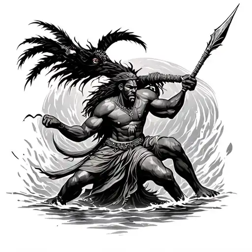 African warrior killing demons with a water spear tattoo design idea