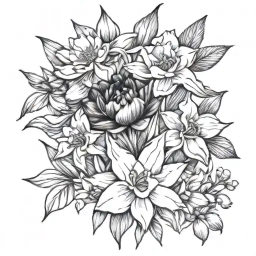 A flower bouquet with a narcissus, daisy, water lily, aster and iris flower tattoo design idea