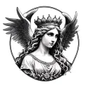 Create a tattoo design for me. A Greek goddess with wings, wearing a crown — specifically a crown shaped like a hyacinth tattoo design idea