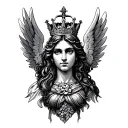 Create a tattoo design for me. A Greek goddess with wings, wearing a crown — specifically a crown shaped like a hyacinth tattoo design idea