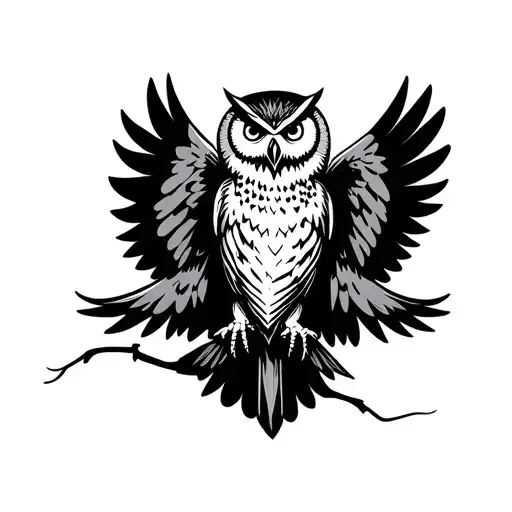 A bold blackwork-style illustration of an owl with outstretched wings, designed for a chest tattoo. The owl is depicted  tattoo design idea