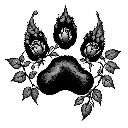 Dog paw print with rose vines growing around the top tattoo design idea