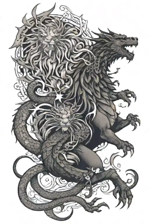 Dragon and Lion surrounded tattoo design idea