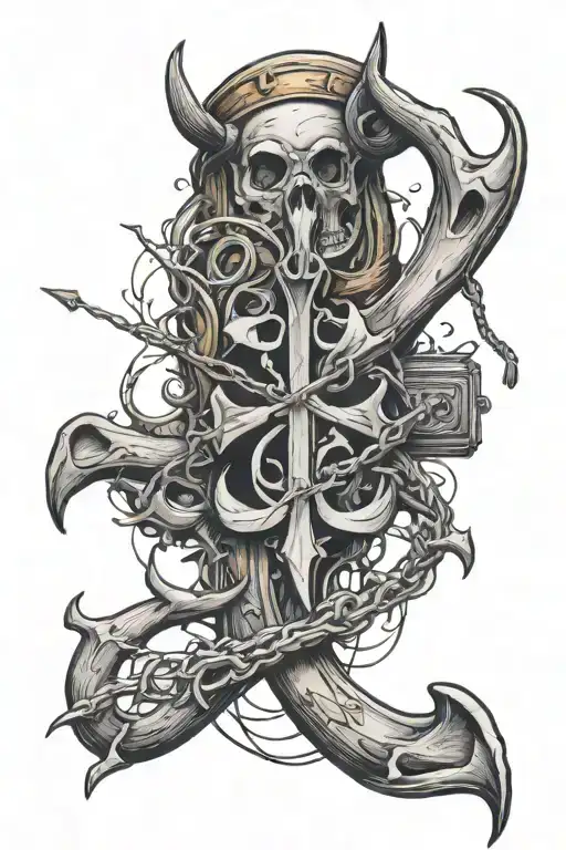 fishing hook, cross, hunting trap, and deer antlers  tattoo design idea