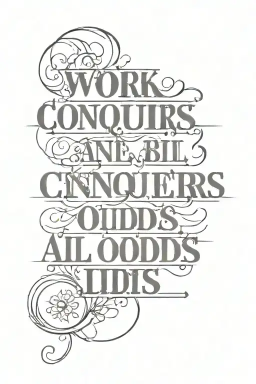 quote 'work conquers all odds' tattoo design idea
