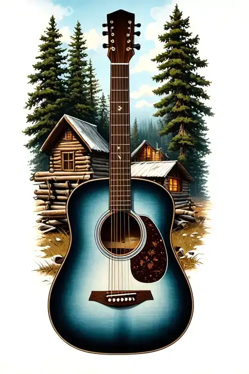 accoustic guitar surrounded by log cabin scene  tattoo design idea