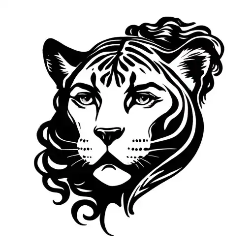 A heading panther head and above a female face with wavy black hair tattoo design idea