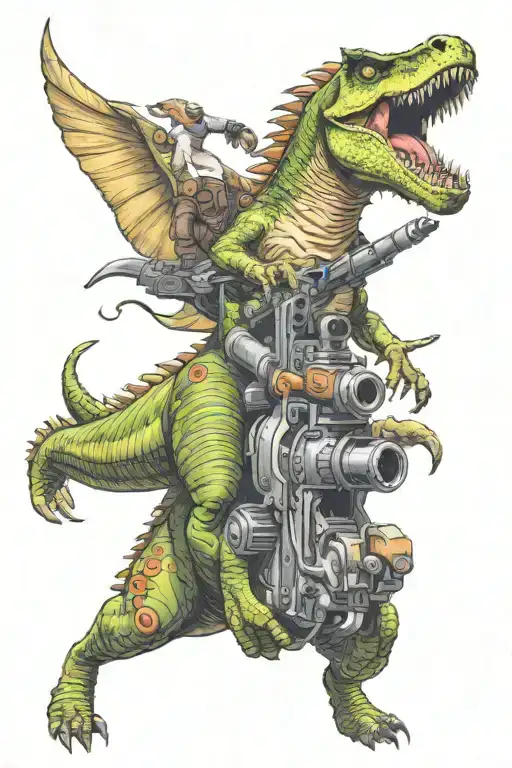 unicorn shooting gun while riding a t-rex tattoo design idea