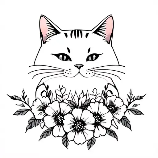 cat and flower bouquet tattoo design idea
