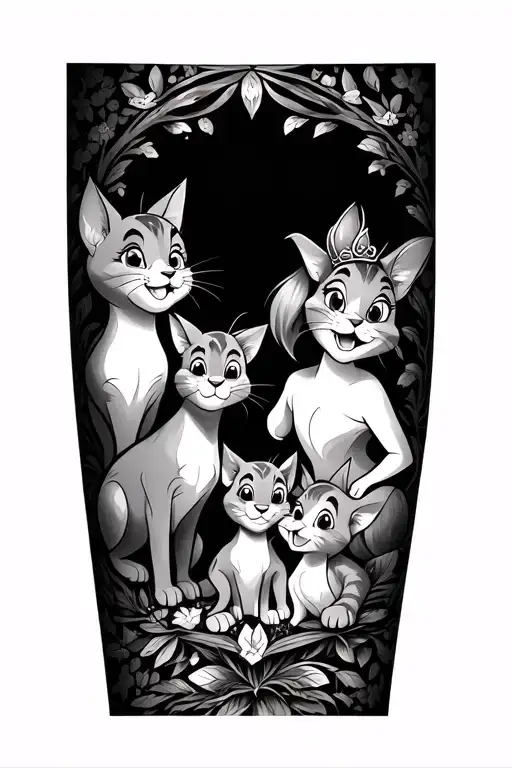 Disney thigh tattoo with the aristocats, little mermaid, oliver and company, sleeping beauty and alice in wonderland tattoo design idea