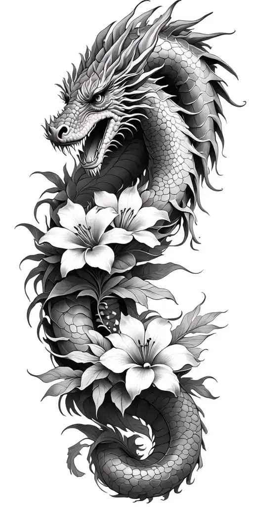dragon coil hawaii flowers intertwined tattoo design idea