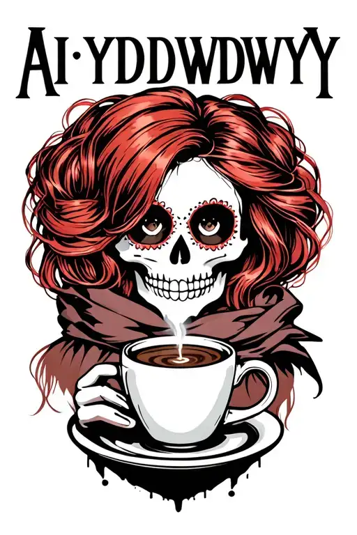 "AIYDIWDWY" sugar skull with red hair wearing a hair scarf holding a steaming cup of coffee tattoo design idea