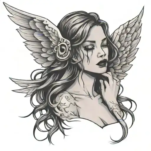 Make me a minimalistic tattoo of an girl angel with wings that are ripped off her and her eyes ate blindfolded tattoo design idea