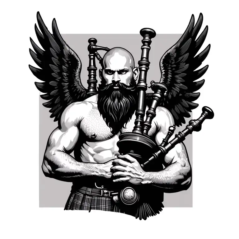 scottish bagpiper bald black beard muscular wearing glengarry pipes in arm big black wings shirtless tattoo tattoo design idea