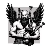 scottish bagpiper bald black beard muscular wearing glengarry pipes in arm big black wings shirtless tattoo tattoo design idea