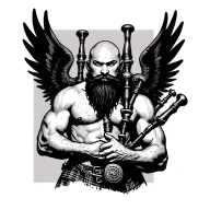 scottish bagpiper bald black beard muscular wearing glengarry pipes in arm big black wings shirtless tattoo tattoo design idea
