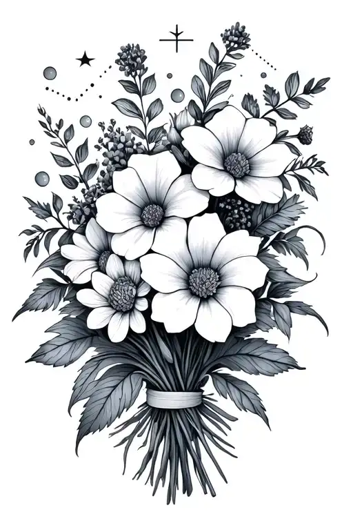bouquet with larkspur, morning glories, asters and water lillies surrounded by minimal Leo and Virgo constellations  tattoo design idea