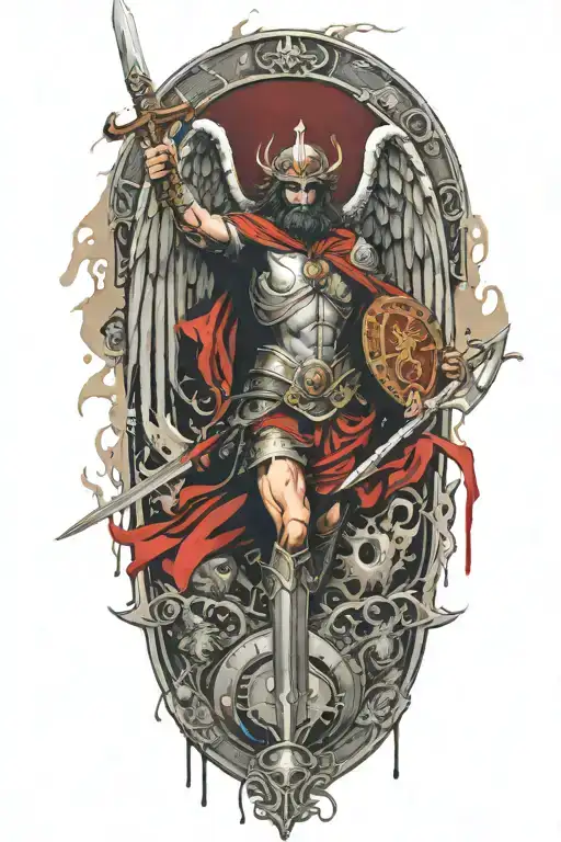 st Michael with halo holding a shield and a sword. the tip of the sword is going into the resting serpent at his feet tattoo design idea
