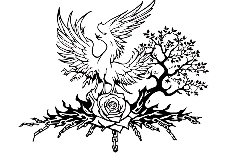 Phoenix rising from flames with broken chains, wilted rose, strong tree, and hidden semicolon for resilience. tattoo design idea