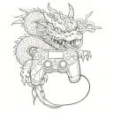 A sketch of a video game controller morphing into a traditional Japanese dragon, representing the client's favorite things and interests in a unique way tattoo design idea