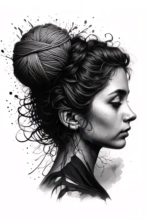 side profile female face with yarn exploding from top it tattoo design idea