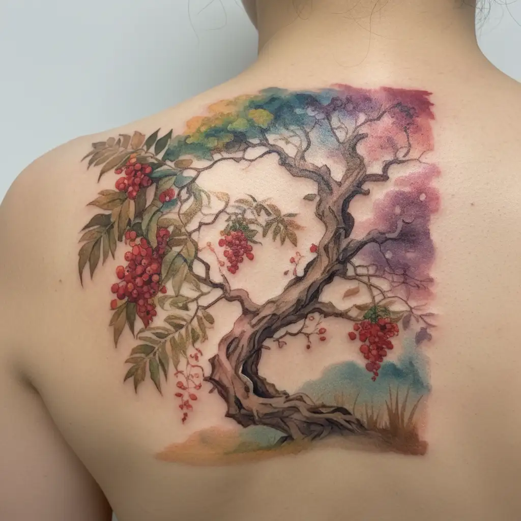 Rowan tree in a bali landscape tattoo tattoo design idea
