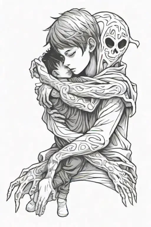 boy hugs ghost without face tattoo design idea