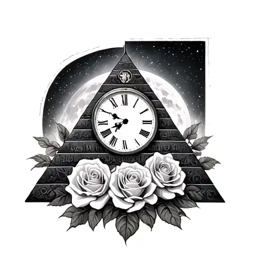 roses and a clock with family in a pyramid with a galaxy around it tattoo design idea